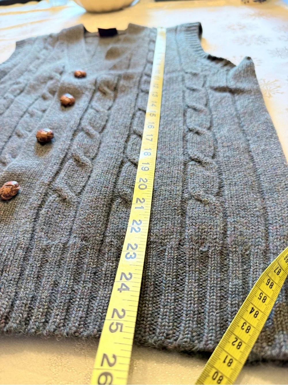 Vintage Nordstrom Grey Green Cable knit Vest Cardigan Leather buttons Men Med /F